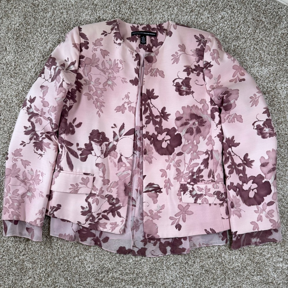 Linda Allard Ellen Tracy Womens Size 8 Pink Floral Open Front Chiffon Hem Blazer